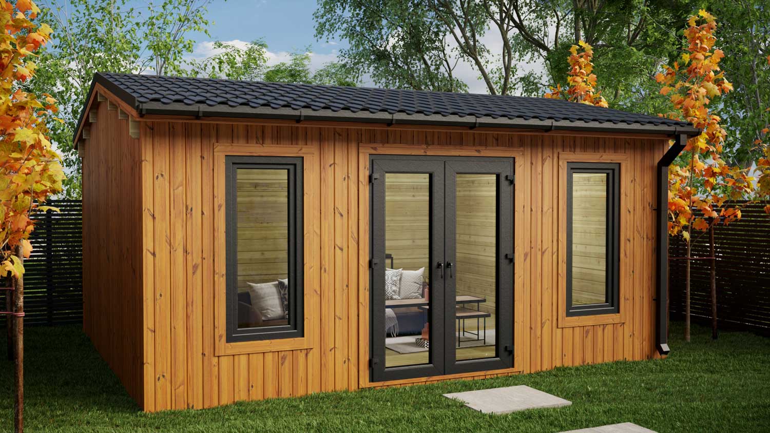 KILKENNY LOG CABIN - vertical thermowood and Grey PVC windows