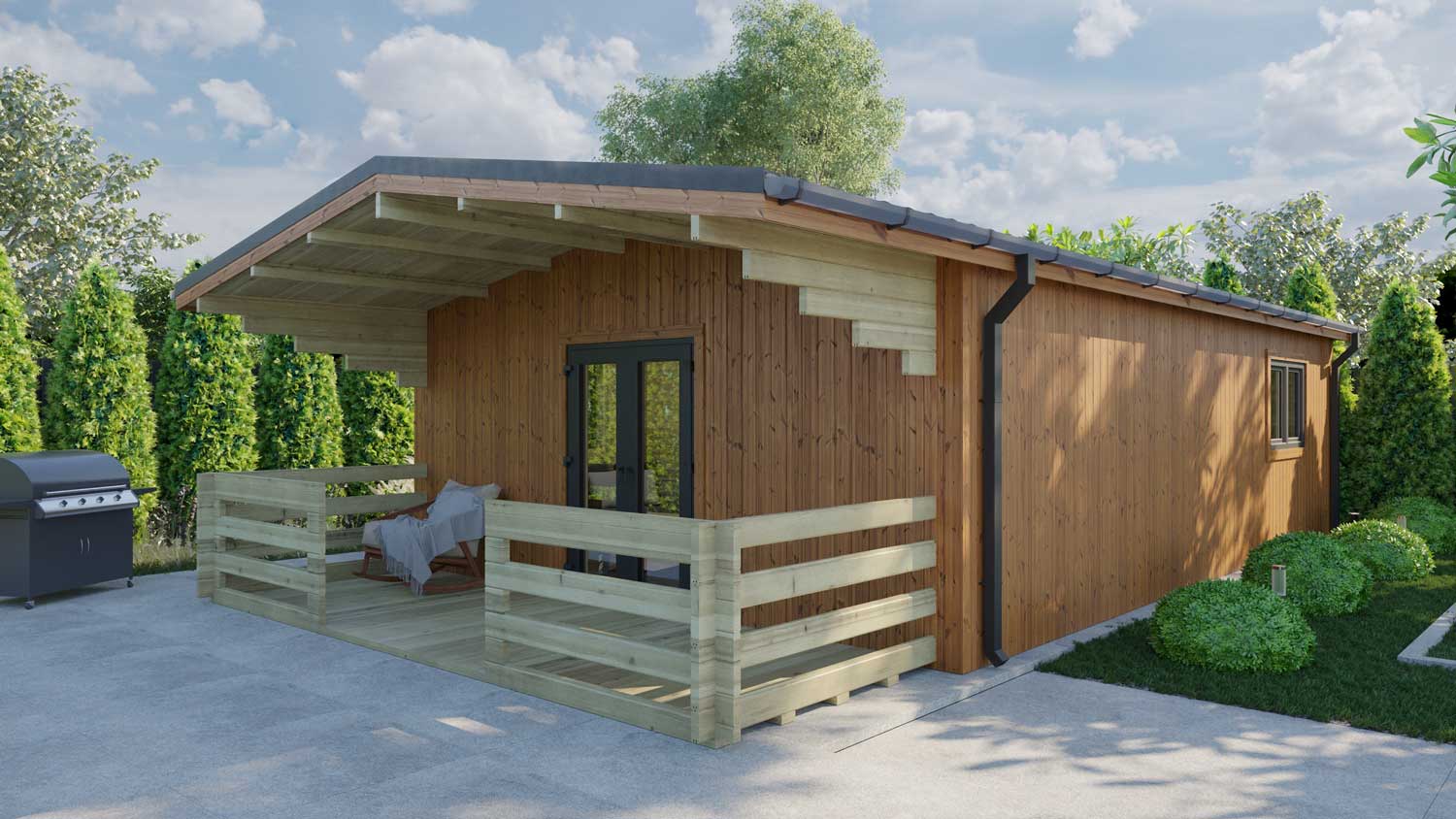 Loghouse Budget-two-bed-type-A Log Cabin - vertical thermowood and Grey PVC windows
